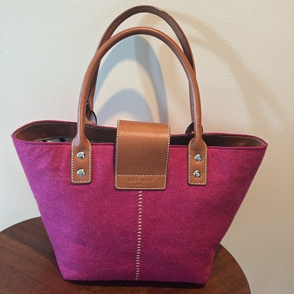 Kate Spade   Wool bag  tote  shoulder bag wool/leather trim  fuchsia/light brown - Picture 11 of 17